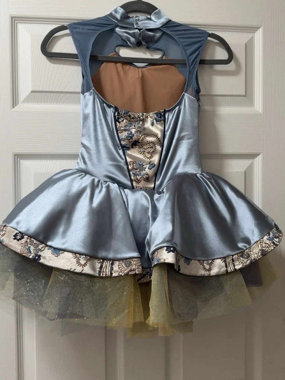 Girls Blue Satin and Gold Tulle Dance Costume Dress